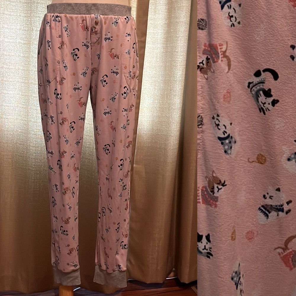 Cuddl Duds Womens Medium Gray White Pink Cat Animal Print Lounge Pajama Pant